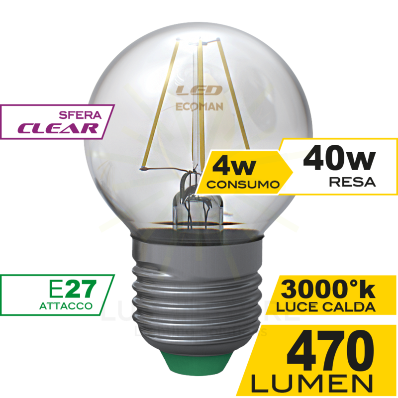 lampadina led sfera e27 4w luce calda 3000k ecoman vetro trasparente