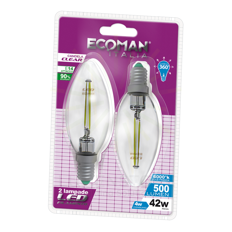 lampadina led candela e14 4w luce fredda 6000k ecoman vetro trasparente confezione 2 pezzi