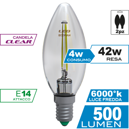 lampadina led candela e14 4w luce fredda 6000k ecoman vetro trasparente confezione 2 pezzi