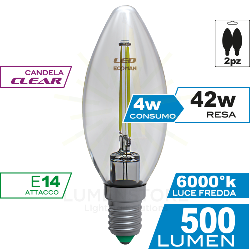 lampadina led candela e14 4w luce fredda 6000k ecoman vetro trasparente confezione 2 pezzi