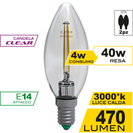 lampadina led candela e14 4w luce calda 3000k ecoman  vetro trasparente confezione 2 pezzi