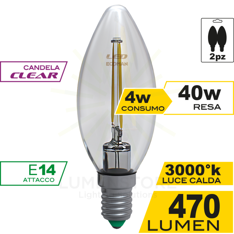 lampadina led candela e14 4w luce calda 3000k ecoman  vetro trasparente confezione 2 pezzi