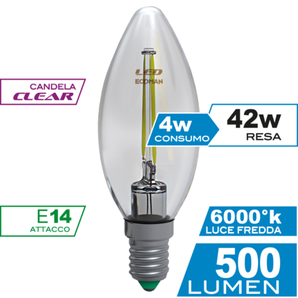 lampadina led candela e14 4w luce fredda 6000k ecoman vetro trasparente