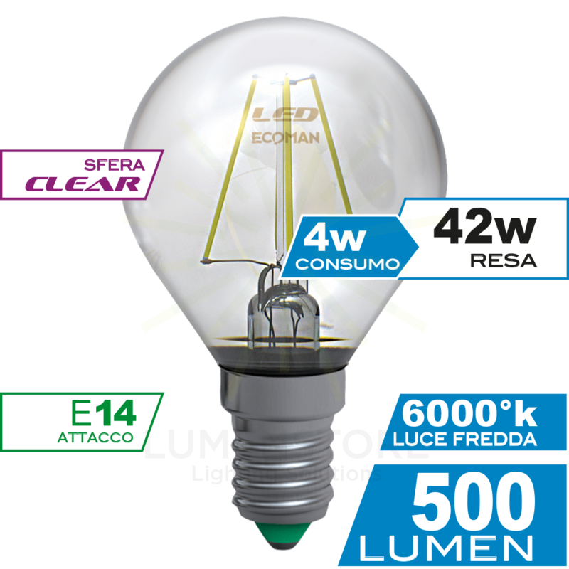 lampadina led sfera e14 4w luce fredda 6000k ecoman vetro trasparente