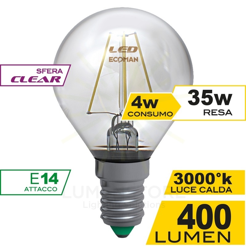 lampadina led sfera e14 4w luce calda 3000k ecoman vetro trasparente