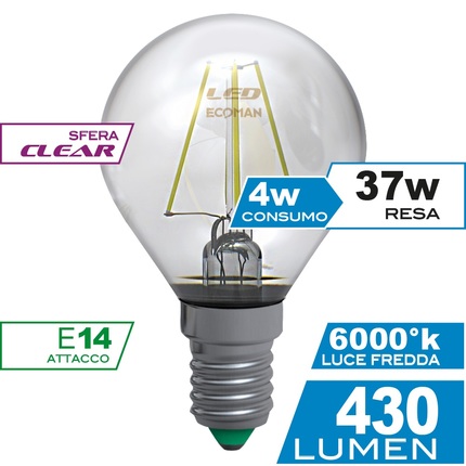 lampadina led sfera e14 4w luce fredda 6000k ecoman vetro trasparente confezione 2 pezzi