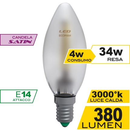 lampadina led candela e14 4w luce calda 3000k ecoman vetro satinato