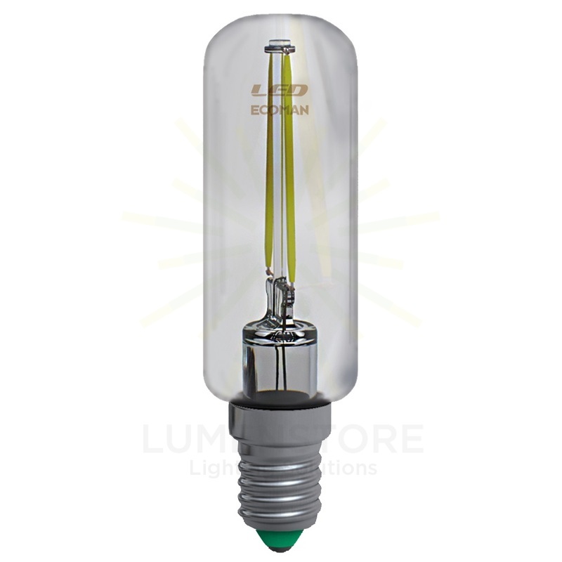 lampadina led tubolare e14 2w luce calda 3000k ecoman vetro trasparente