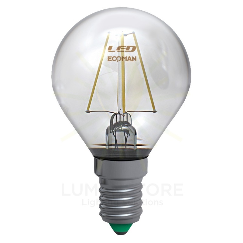 lampadina led sfera e14 2w luce calda 3000k ecoman vetro trasparente