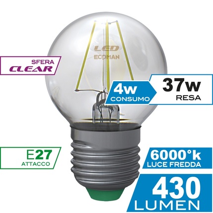 lampadina led sfera e27 4w luce fredda 6000k ecoman vetro trasparente