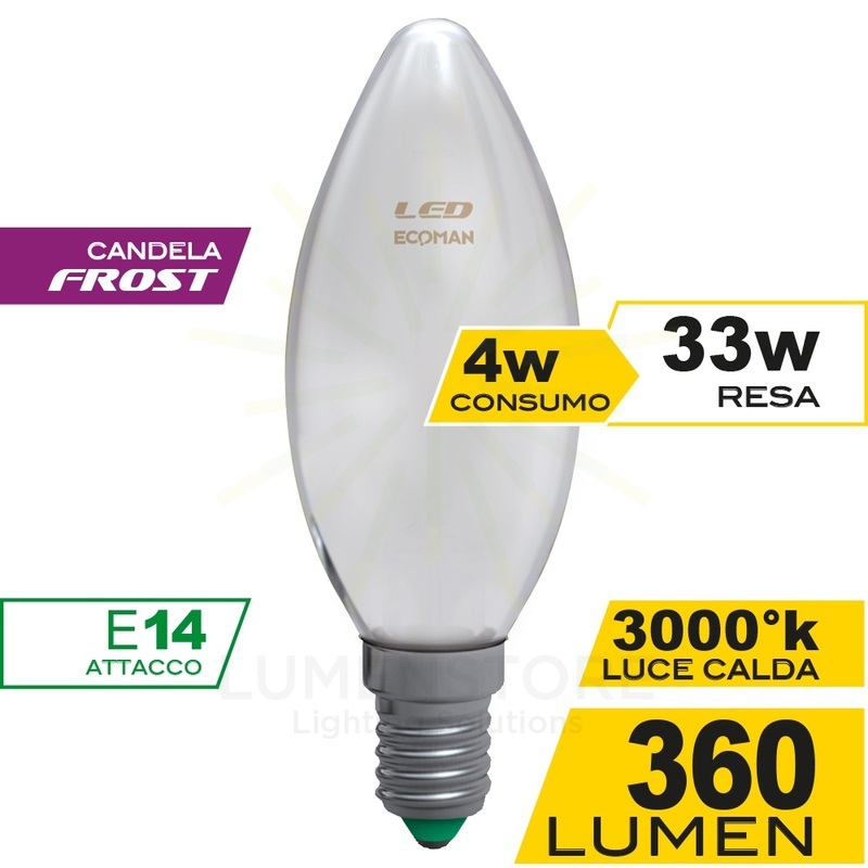 lampadina led candela e14 4w luce calda 3000k ecoman vetro ghiaccio