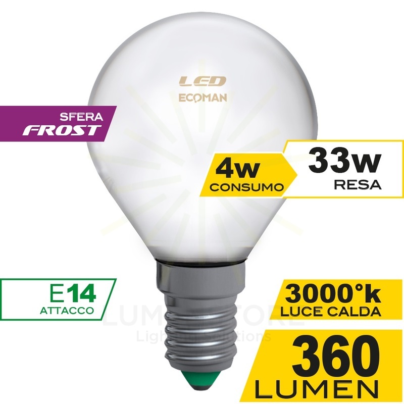 lampadina led sfera e14 4w luce calda 3000k ecoman vetro ghiaccio