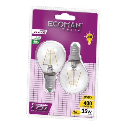 lampadina led sfera e14 4w luce calda 3000k ecoman vetro trasparente confezione 2 pezzi