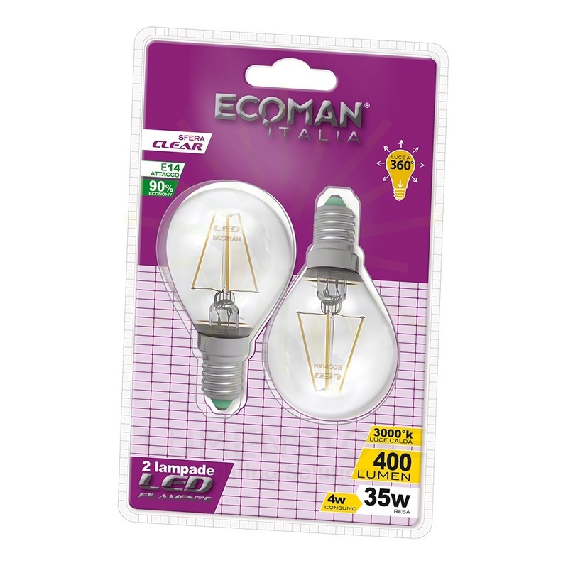 lampadina led sfera e14 4w luce calda 3000k ecoman vetro trasparente confezione 2 pezzi