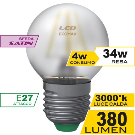 lampadina led sfera e27 4w luce calda 3000k ecoman vetro satinato