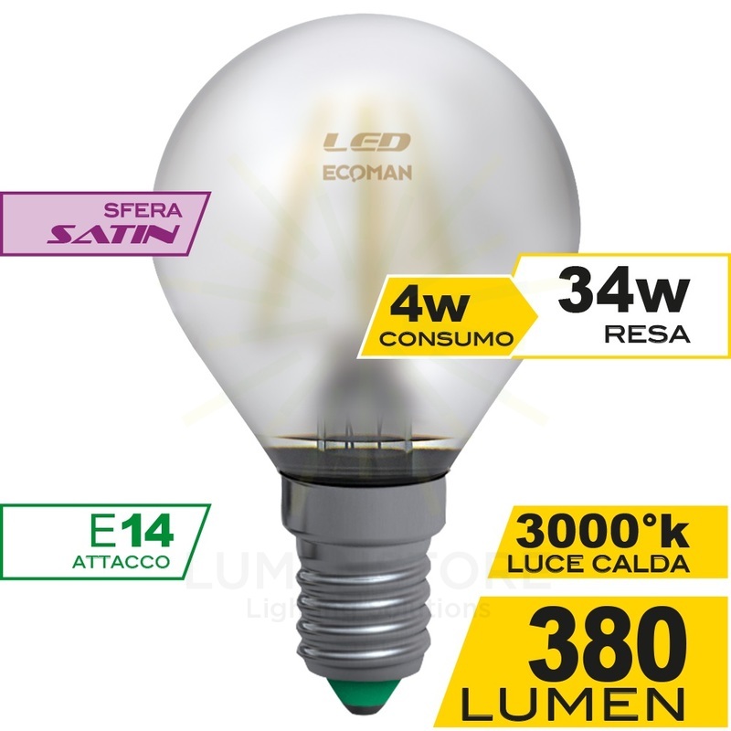 lampadina led sfera e14 4w luce calda 3000k ecoman vetro satinato