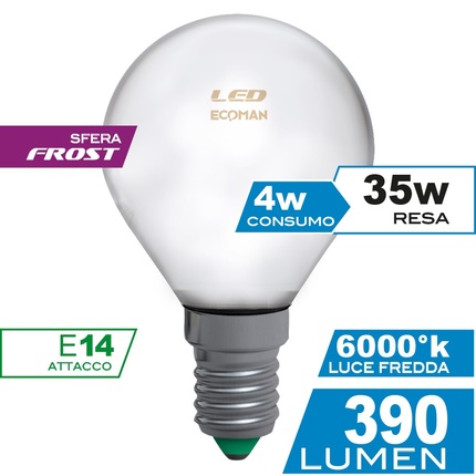 lampadina led sfera e14 4w luce fredda 6000k ecoman vetro ghiaccio