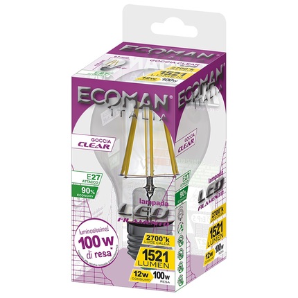 lampadina led goccia e27 12w luce calda 3000k ecoman vetro trasparente