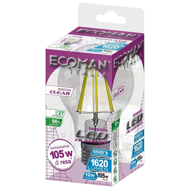 lampadina led sfera e27 12w luce fredda 6000k ecoman vetro trasparente