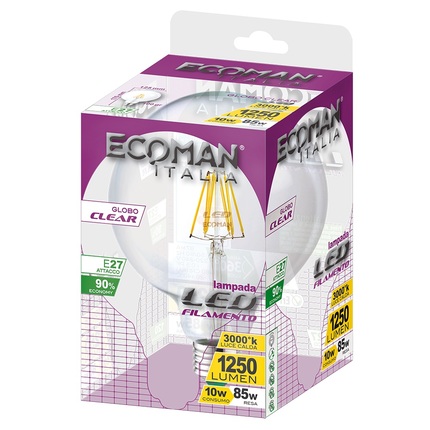 lampadina led globo g125 e27 10w luce calda 3000k ecoman vetro trasparente