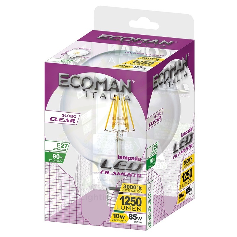 lampadina led globo g125 e27 10w luce calda 3000k ecoman vetro trasparente