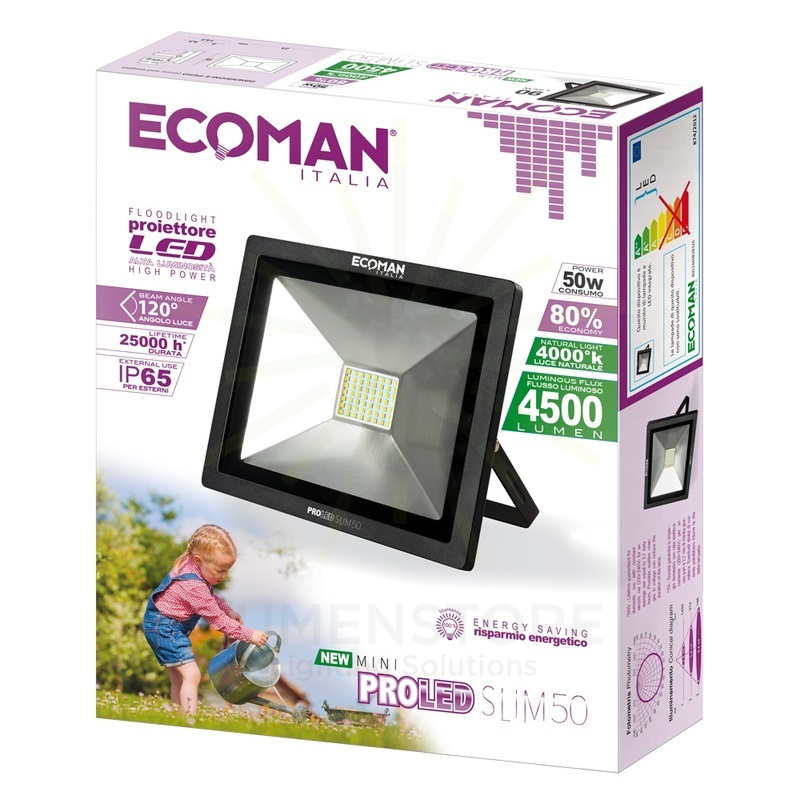 proiettore led proled 50w luce naturale 4000k ecoman nero ip65 mini slim