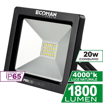 proiettore led proled 20w luce naturale 4000k ecoman nero ip65 mini slim