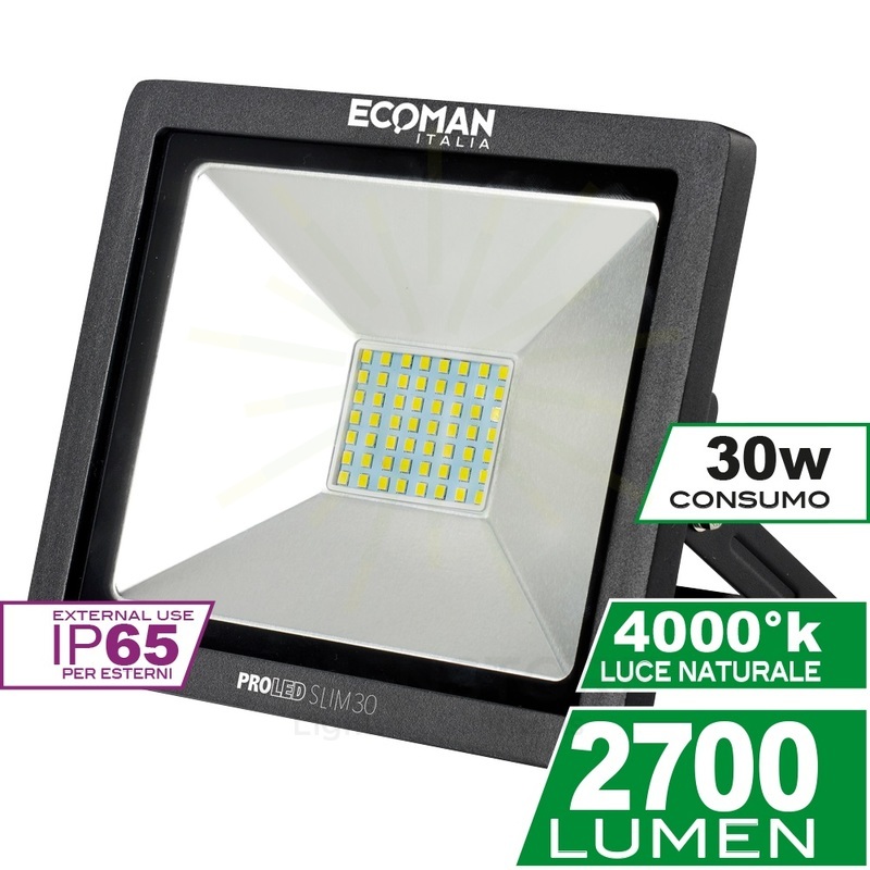 proiettore led proled 30w luce naturale 4000k ecoman nero ip65 mini slim