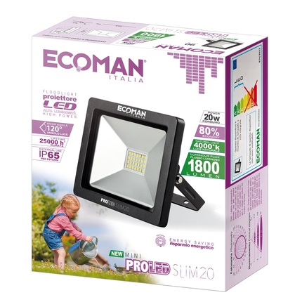 proiettore led proled 20w luce naturale 4000k ecoman nero ip65 mini slim