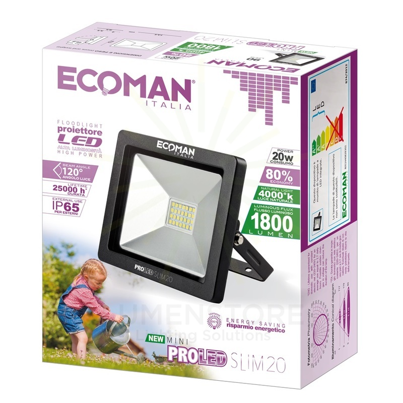 proiettore led proled 20w luce naturale 4000k ecoman nero ip65 mini slim