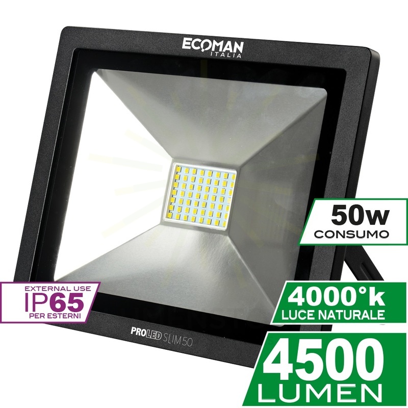 proiettore led proled 50w luce naturale 4000k ecoman nero ip65 mini slim