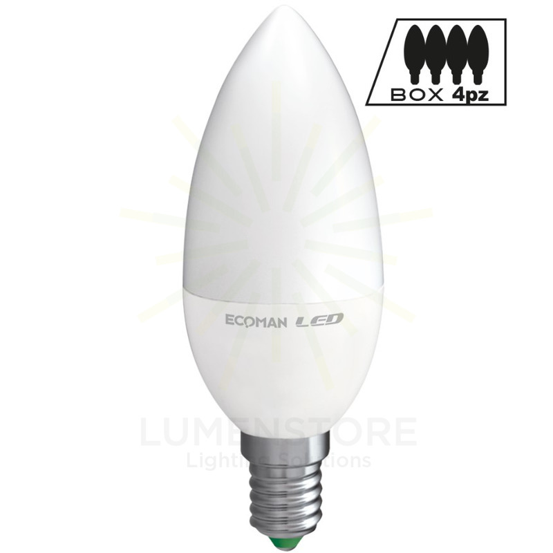 lampadina led candela e14 6w luce fredda 6000k ecoman vetro ghiaccio confezione 4 pezzi