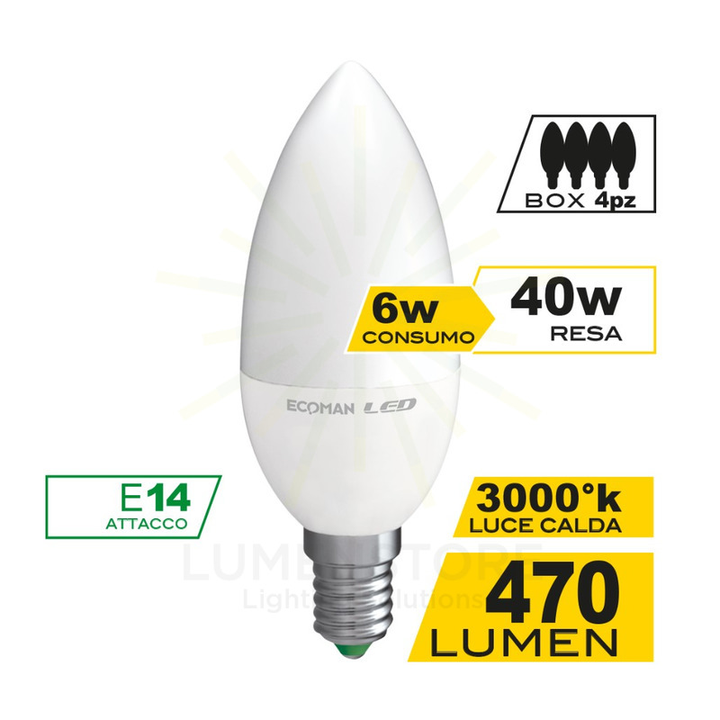 lampadine led candela e14 6w luce calda 3000k ecoman confezione 4 pezzi