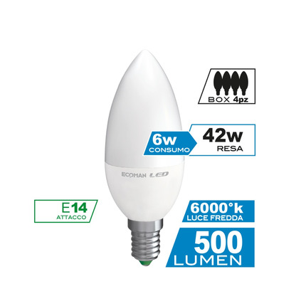 Lampadina LED Candela E14 6W luce fredda 6000K ECOMAN vetro ghiaccio  confezione 4 pezzi