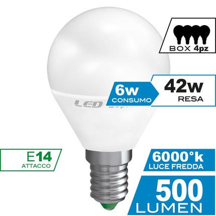 lampadina led sfera e14 6w luce fredda 6000k ecoman vetro ghiaccio confezione 4 pezzi