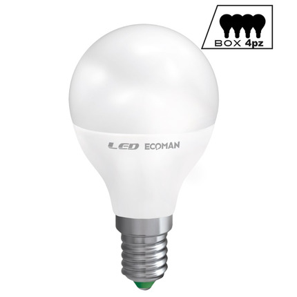 lampadina led sfera e14 6w luce fredda 6000k ecoman vetro ghiaccio confezione 4 pezzi