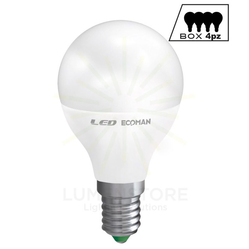 Lampadina LED Sfera E14 6W luce fredda 6000K ECOMAN vetro ghiaccio  confezione 4 pezzi