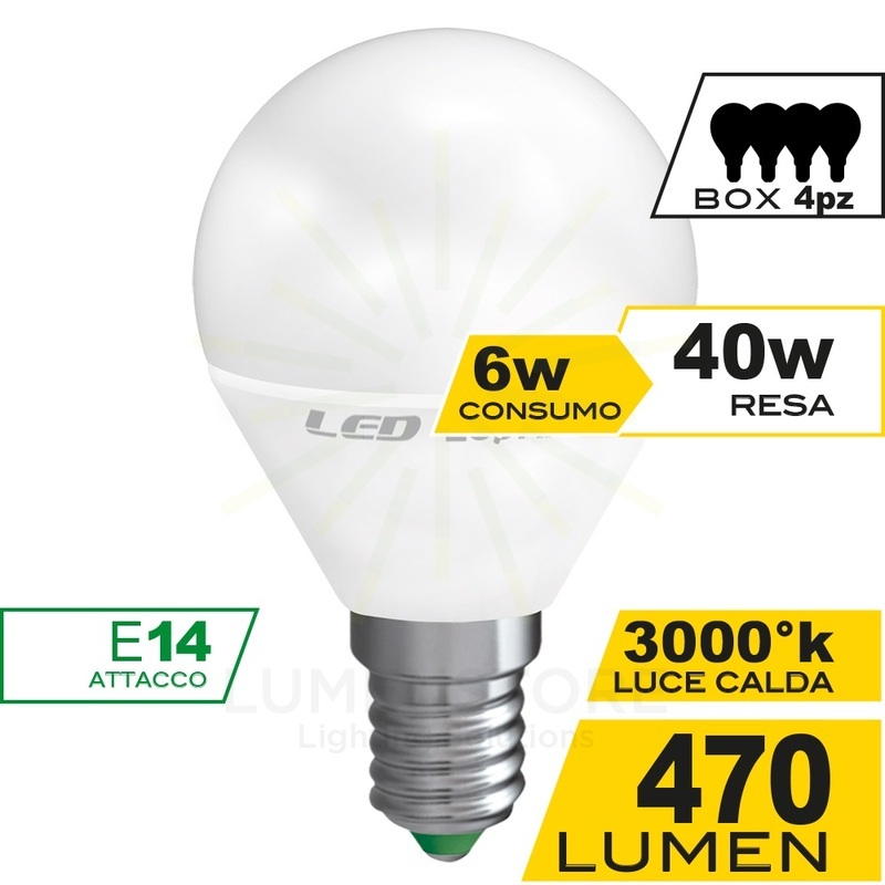 lampadina led sfera e14 6w luce calda 3000k ecoman vetro ghiaccio confezione 4 pezzi