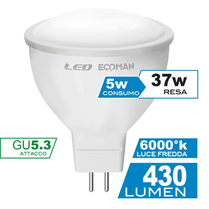 lampadina led dicroica gu5.3 5w luce fredda 6000k ecoman 12vdc vetro ghiaccio