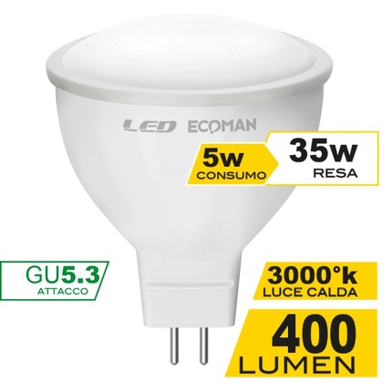 lampadina led dicroica gu5.3 5w luce calda 3000k ecoman 12vdc vetro ghiaccio