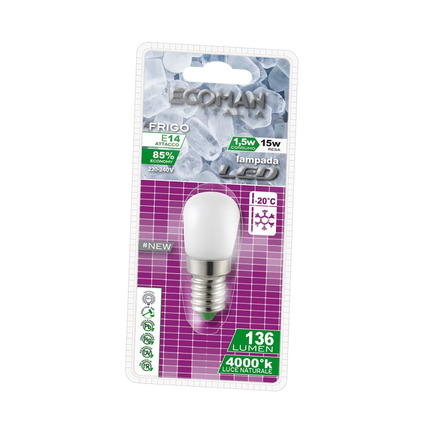 lampadina led frigo e14 1.5w luce naturale 4000k ecoman vetro ghiaccio