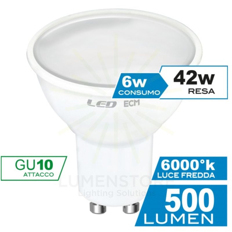 lampadina led dicroica gu10 6w luce fredda 6000k ecoman vetro ghiaccio