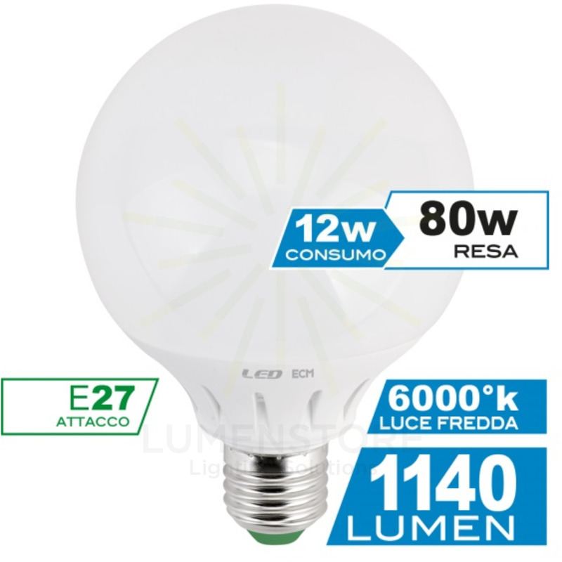 lampadina led globo g95 e27 12w luce fredda 6000k ecoman