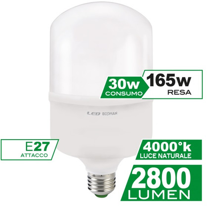 luce bianca naturale 4000K 3300 lumen equivalente a 210W tradizionali o 85W a basso consumo. Lampadina led ED90 30W E27