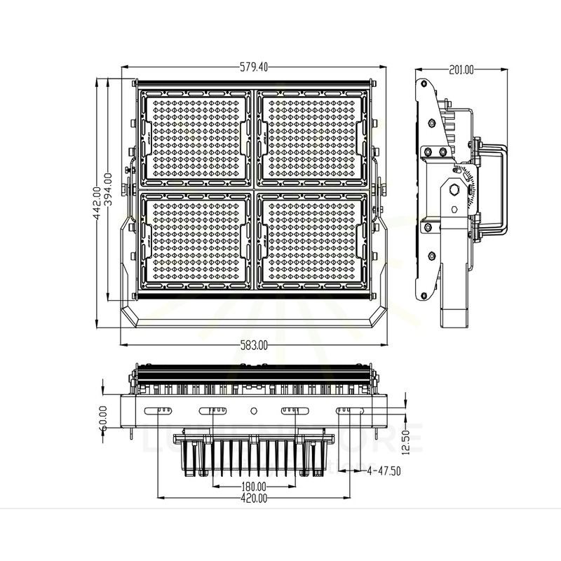 proiettore led asimmetrico 480w luce naturale per campi sportivi ip65 serie pro