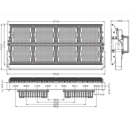 proiettore led asimmetrico 960w luce fredda per campi sportivi ip65 serie pro