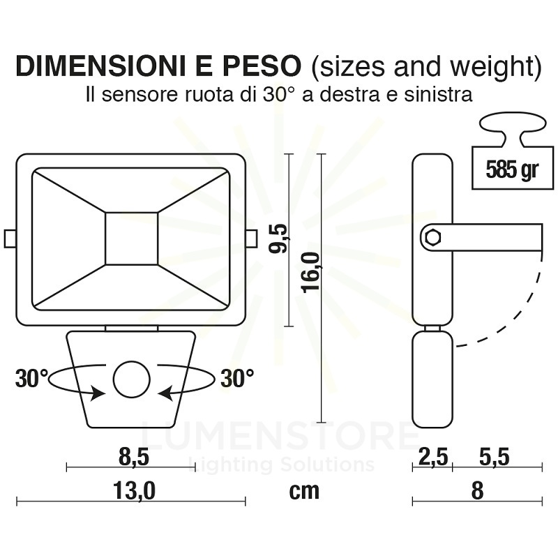 proiettore led proled 10w luce naturale 4000k ecoman nero ip44 slim sensor