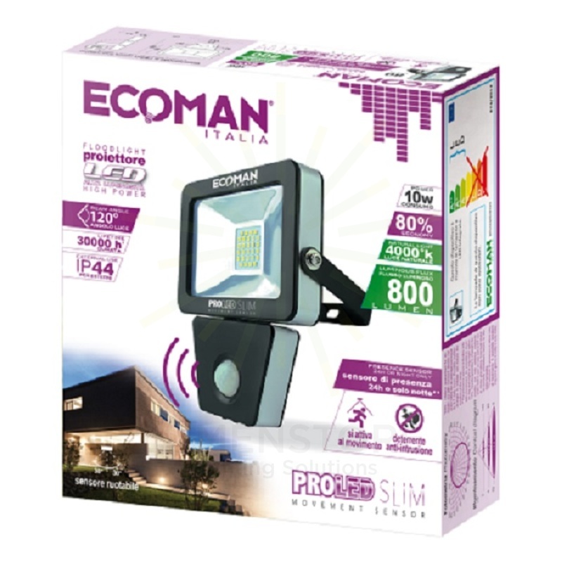 proiettore led proled 10w luce naturale 4000k ecoman nero ip44 slim sensor