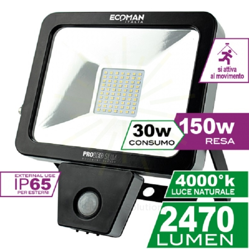 proiettore led proled 30w luce naturale 4000k ecoman nero ip44 slim sensor