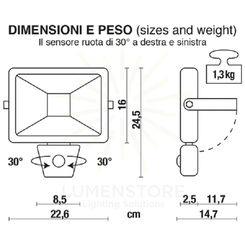 proiettore led proled 30w luce naturale 4000k ecoman nero ip44 slim sensor